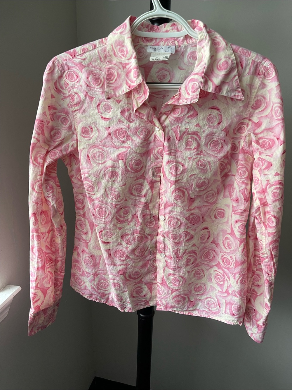 AGNES B. Vintage 90s 2000s Paris Pink Rose Print Button-Up Blouse made in France
